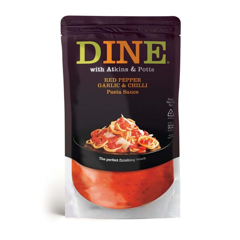 DINE IN with Atkins & Potts Red Pepper, Garlic & Green Birds-Eye Chilli Pasta Sauce DINE IN with Atkins & Potts Red Pepper, Garlic & Green Birds-Eye Chilli Pasta Sauce
